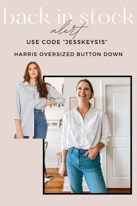 ABLE Harris button down- back in stock! Comes in three colors. Runs oversized- I wear a small. Size down if you want it more fitted. Use code JESSKEYS15 for 15% off. 

Fall outfits, fall style, fall staples

#LTKSeasonal #LTKsalealert