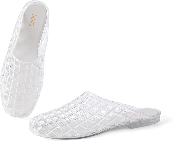 Women Jelly Sandals Mesh Clear Waterproof Mule Slip On Flats Hollow Breathable Summer Beach Pool Casual Shoes | Amazon (US)