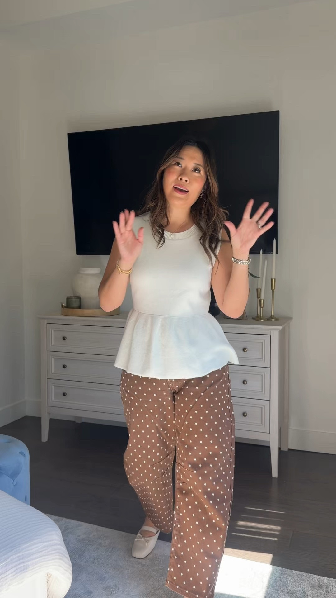 Amazon fall fashion // casual outfit // polka dot barrel pants 

Medium in both