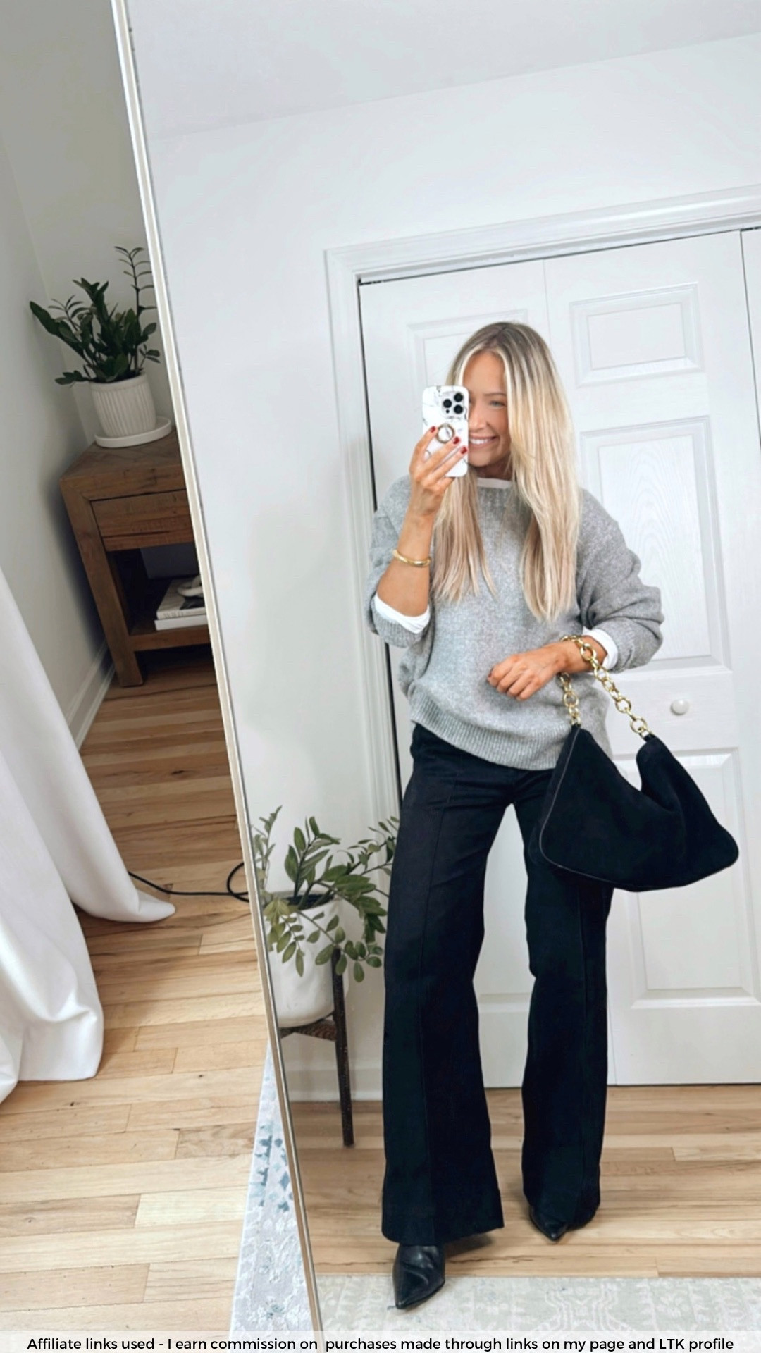 Stylish everyday outfit winter

Black wide leg jeans
Gray sweater
Neutral style
Easy and simple outfit 
Mom style 