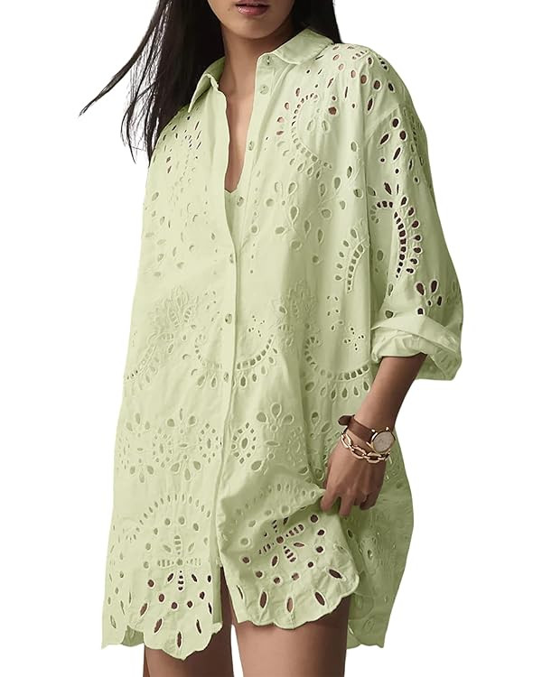 CHARTOU Women Eyelet Lace Dress Button Down Shirt Loose Fit Summer Casual Mini Dress | Amazon (US)