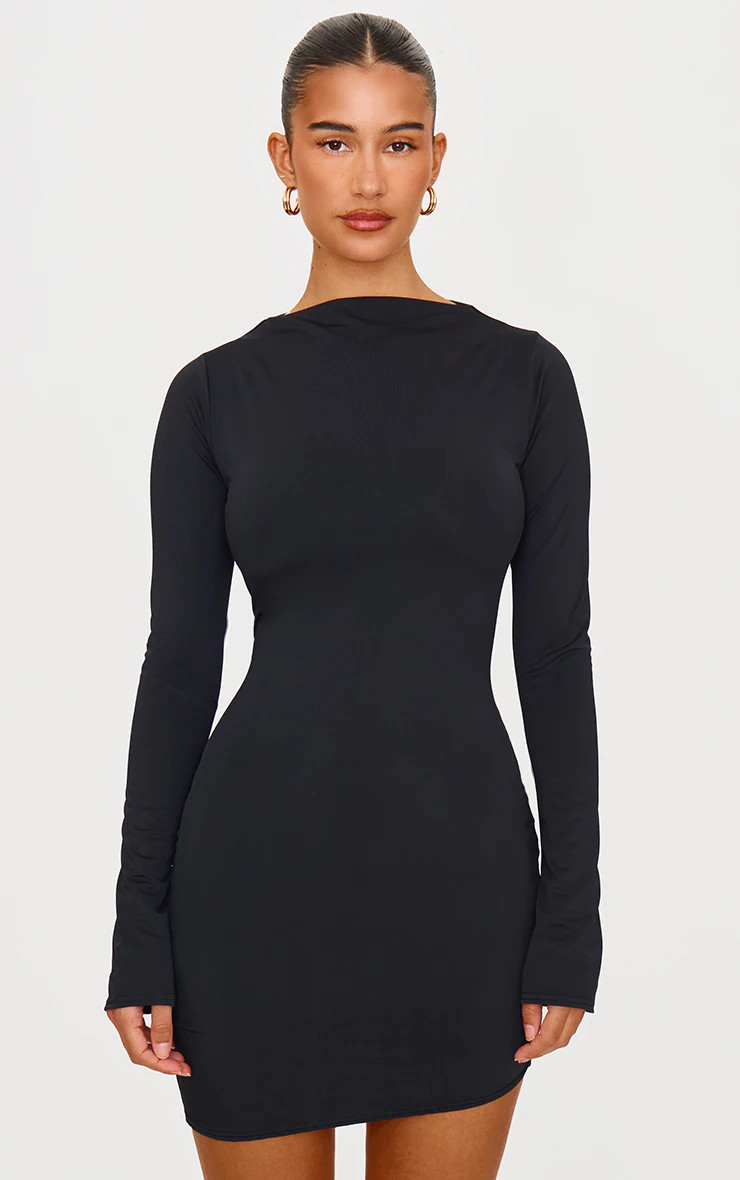 Black Matte Sculpt Boat Neck Long Sleeve Mini Dress | PrettyLittleThing US