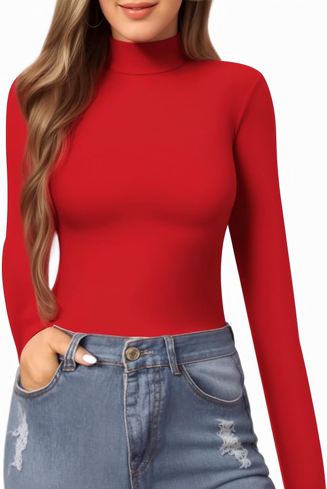MANGOPOP Women's Mock Turtle Neck Slim Fit Long Sleeve T Shirt Tight Tops Tee | Amazon (US)