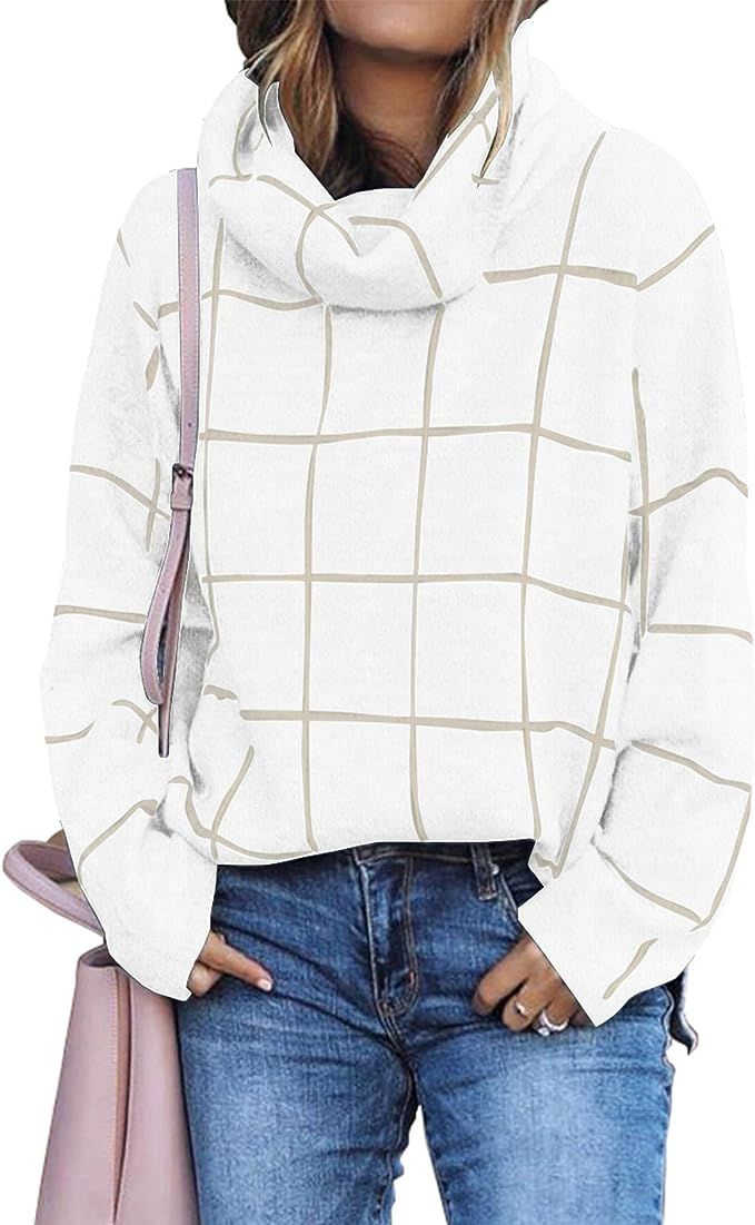 KIRUNDO Womens Sweaters 2023 Trendy Fall Winter Turtleneck Long Sleeve Plaid Chunky Knit Pullover... | Amazon (US)