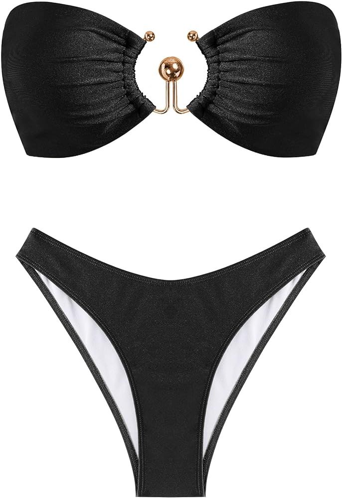 ZAFUL Womens Bandeau Bikini Set Metallic Sparkly O Ring Lace Up High Cut Tanga Sexy Bathing Suit ... | Amazon (US)