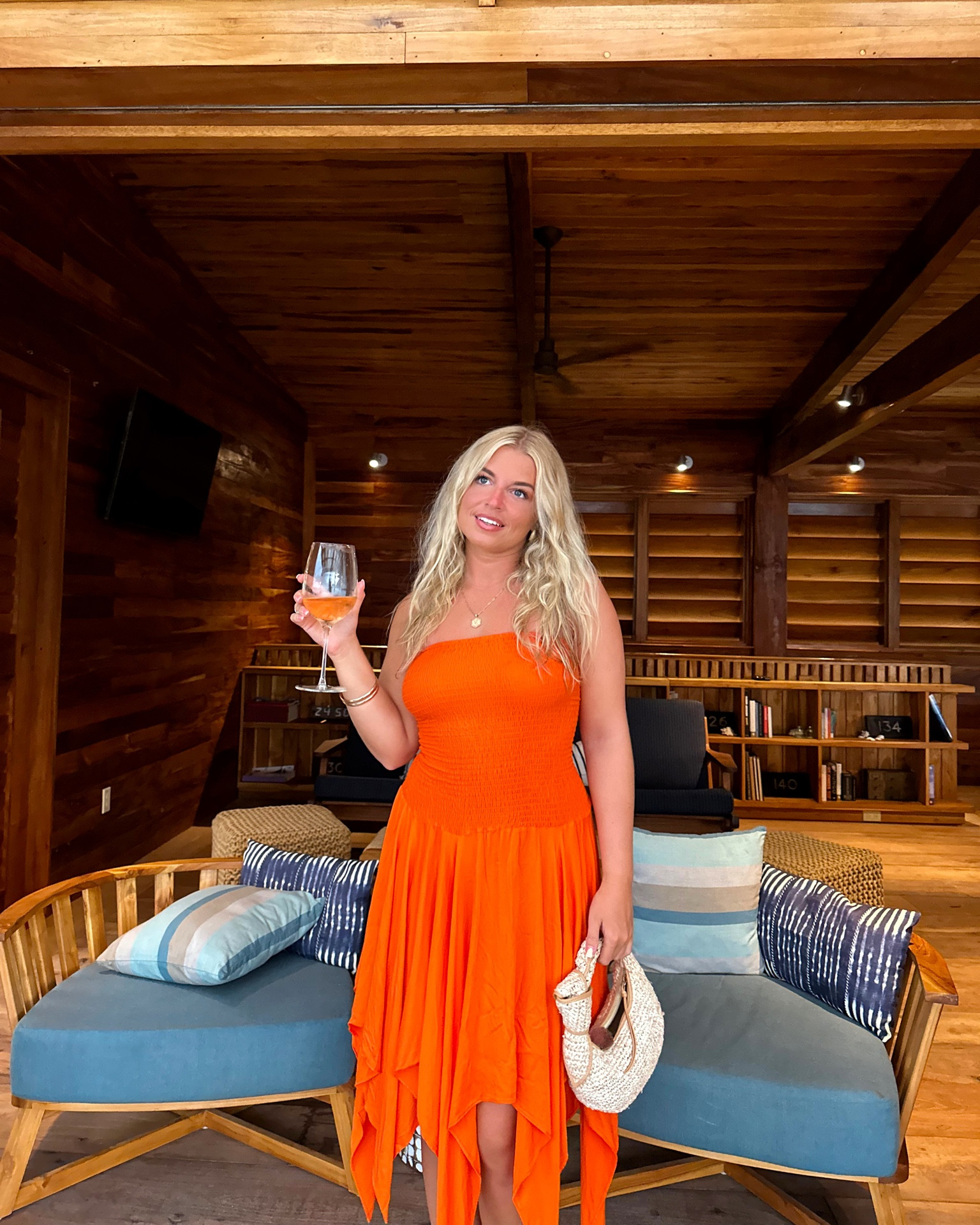 perfect strapless orange midi dress
