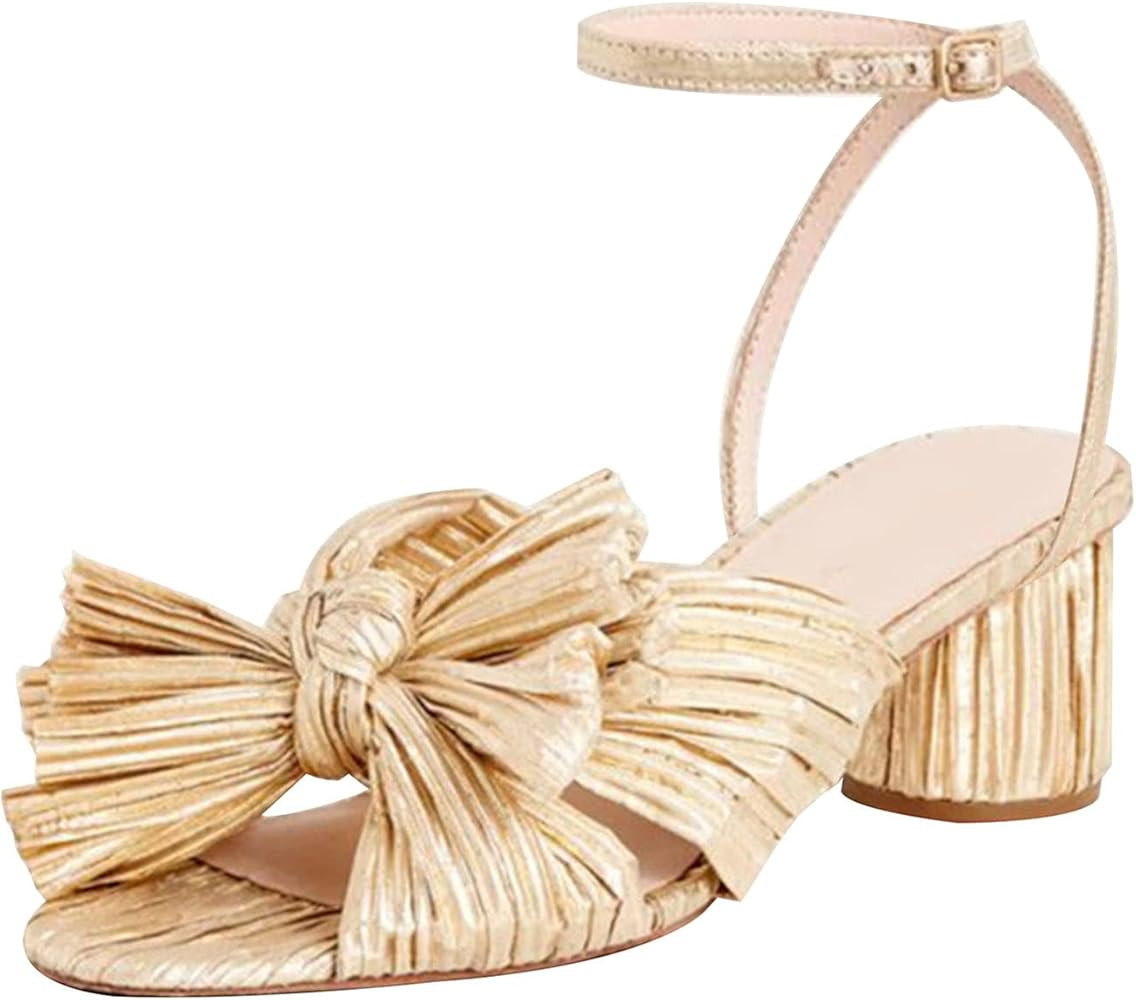 Women's Bow Knot Heeled Sandals Open Toe High Block Ankle Strap Chunky Heels Bride Wedding Shoes | Amazon (US)