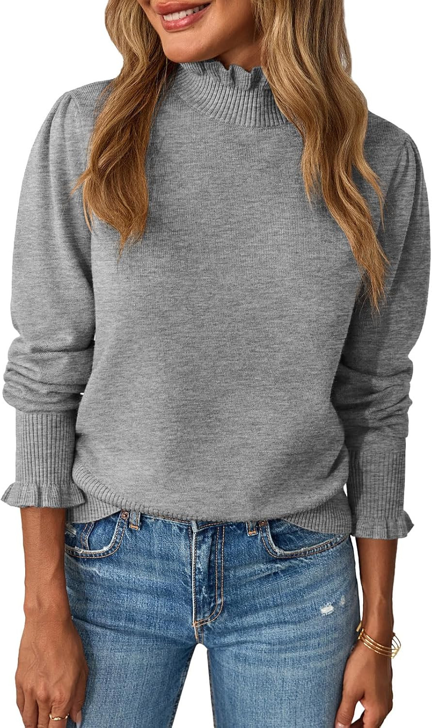 Saodimallsu Womens Ruffle Mock Neck Sweater Puff Sleeve Knit Pullover Tops | Amazon (US)