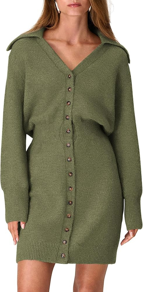 PRETTYGARDEN Sweater Dresses for Women 2024 Trendy Long Sleeve Button Down Short Fall Dress | Amazon (US)