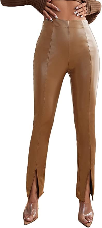 MakeMeChic Women's Petite Faux Leather High Waist Split PU Leather Skinny Pants | Amazon (US)