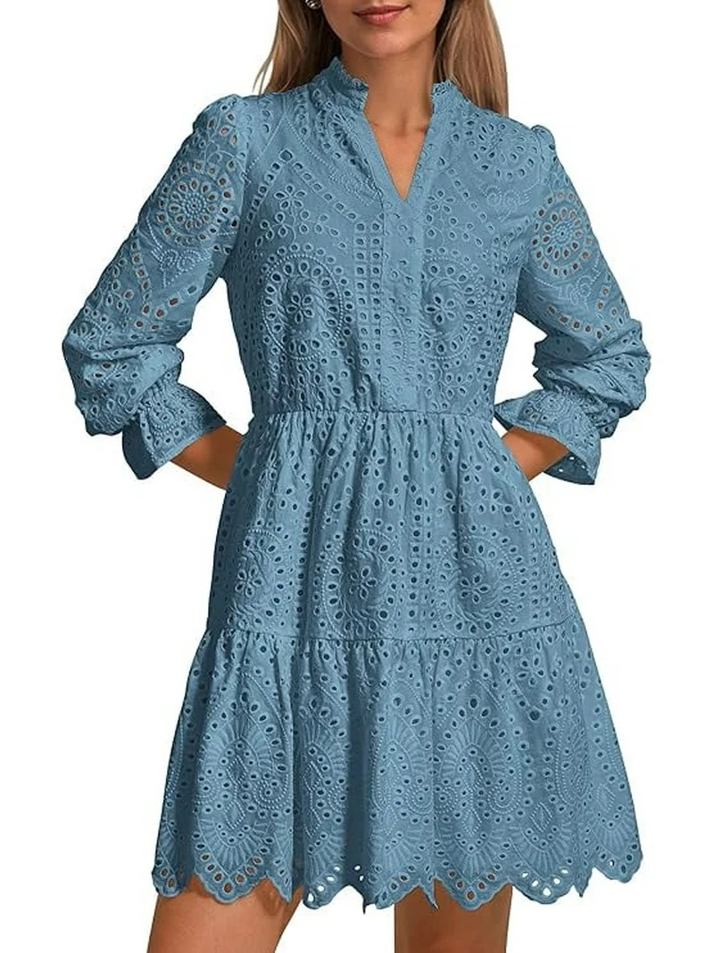 PRETTYGARDEN Women's Spring Long Puff Sleeve Mini Dress Hollow Out Lace V Neck A Line Ruffle Casu... | Walmart (US)