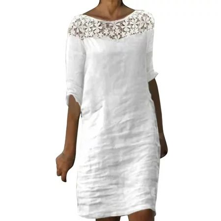Sngxgn Women s Casual Off Shoulder Lace Shift Loose Mini Dress with 3/4 SleeveShort Sleeve Dress Whi | Walmart (US)