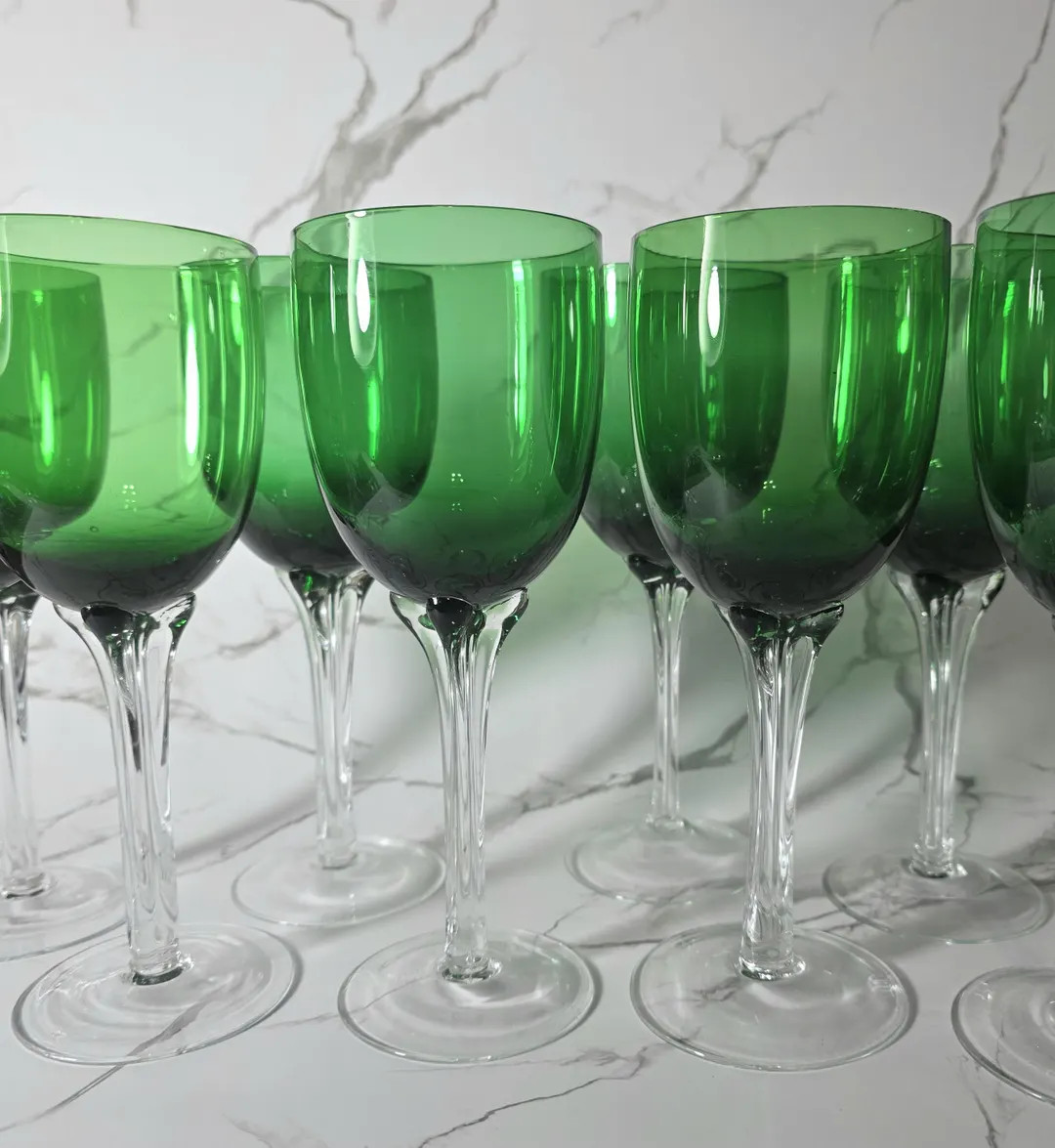 Green Bowl and Clear Petal Stem 9 1/2" Tall Wine or Water Goblets Hand Crafted Glasses Stemware, ... | Etsy (US)