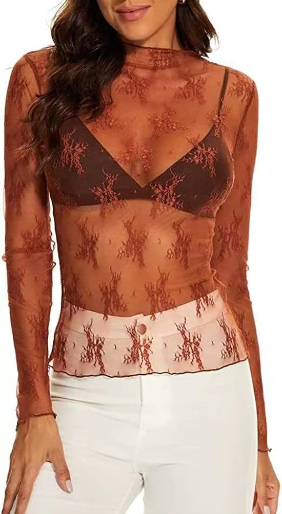 Mincib Mesh Lace Long Sleeve Layering Top for Women Mock Neck See Through Floral Shirt Tops | Amazon (US)