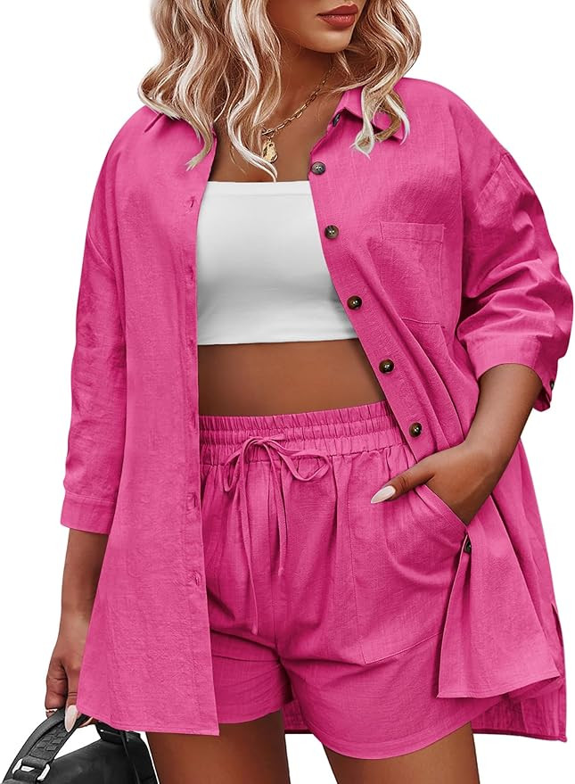 IN'VOLAND Women's Plus Size 2 Piece Tracksuit Outfit Sets Cotton Linen High Low Shirt 3/4 Sleeve ... | Amazon (US)