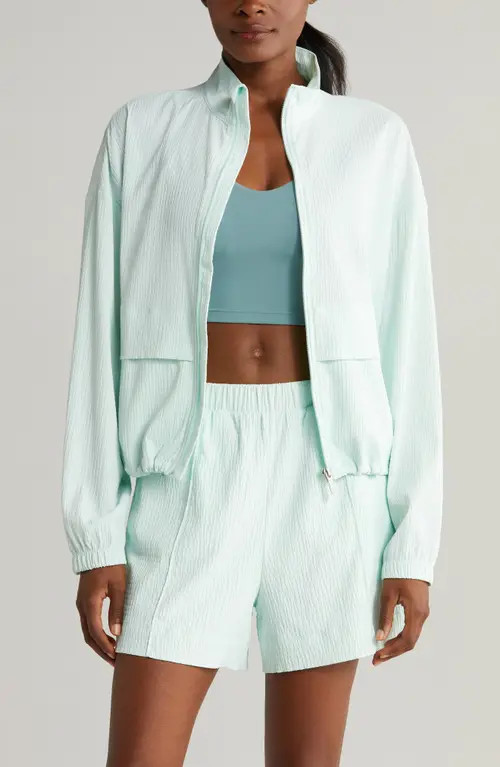 Zella Saylor Crinkle Front Zip Jacket in Green Glimmer at Nordstrom, Size Xx-Large | Nordstrom