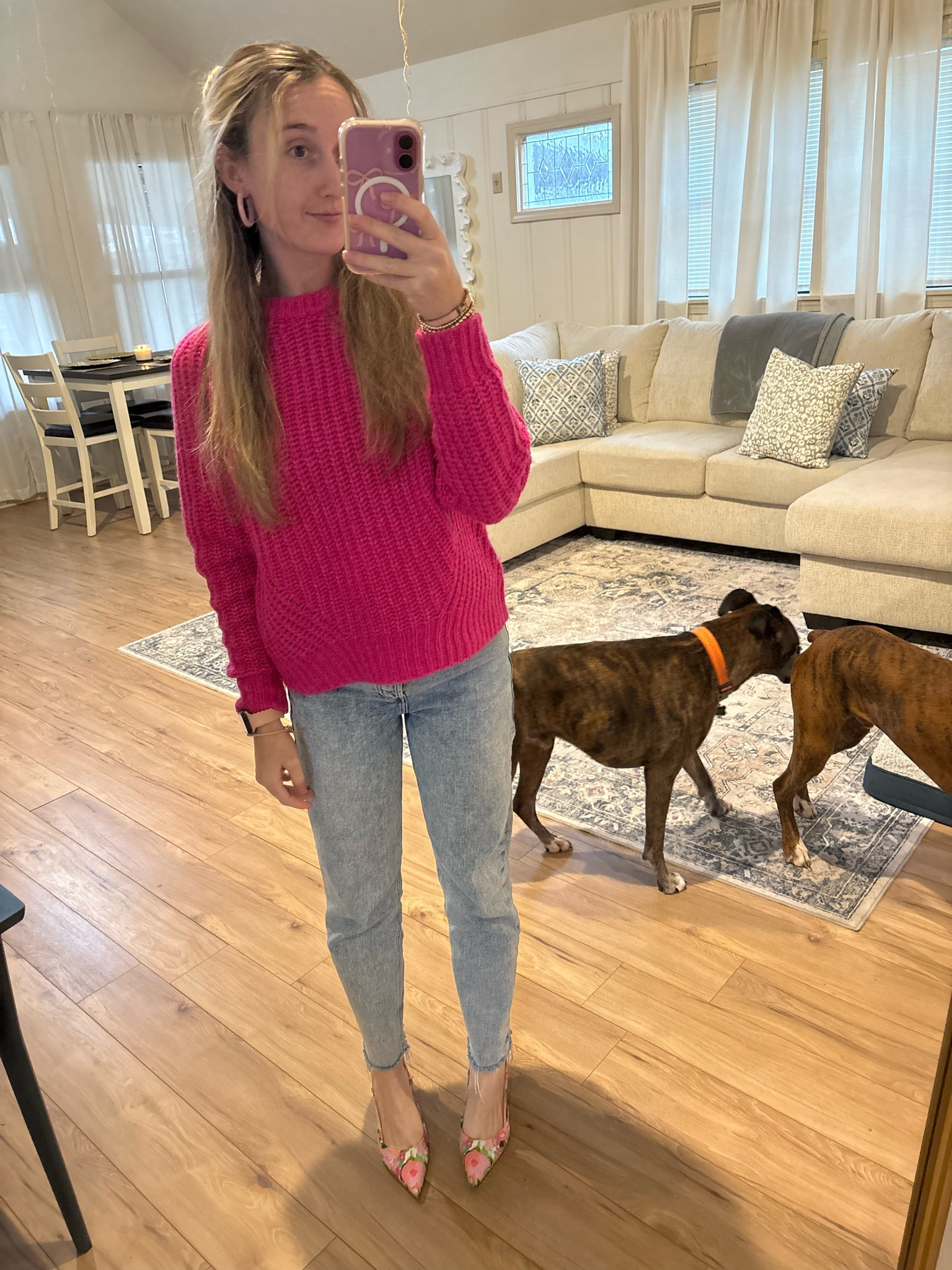 Valentines Day Outfit for work 
Size small sweater
Size 00 for jeans 

#pink

#LTKShoeCrush #LTKStyleTip #LTKWorkwear