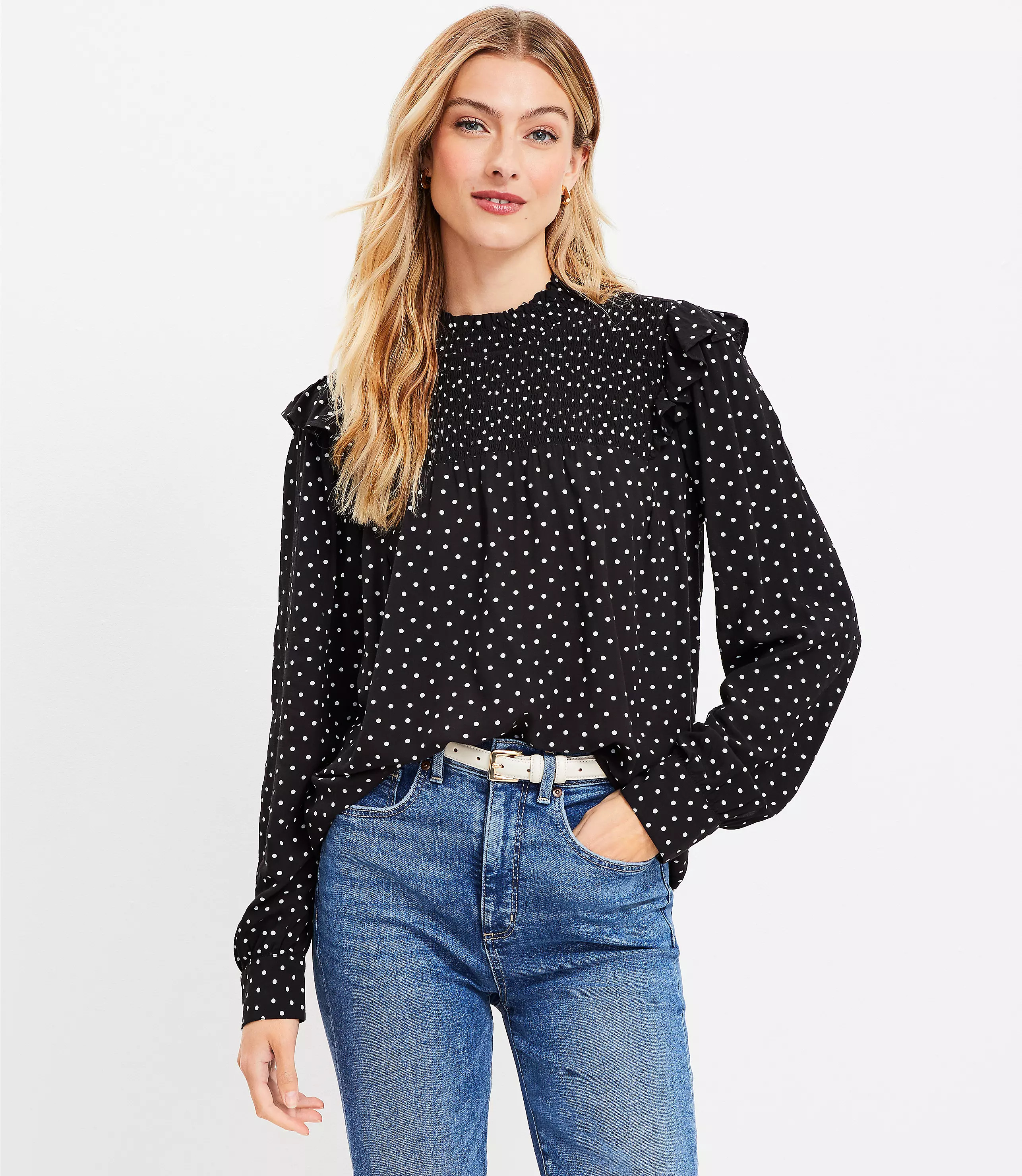 Dotted Smocked Ruffle Mock Neck Blouse | LOFT