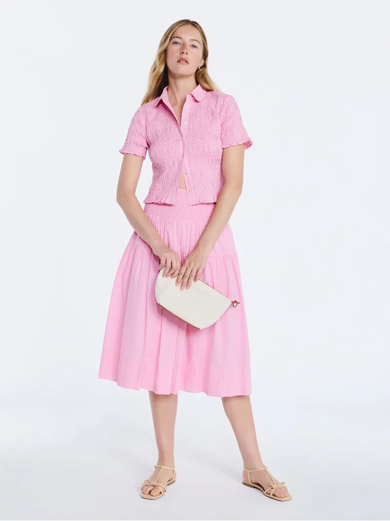 Free Assembly Women's Smocked Cotton Button Front Shirt with Short Sleeves XS-XXL | Walmart (US)