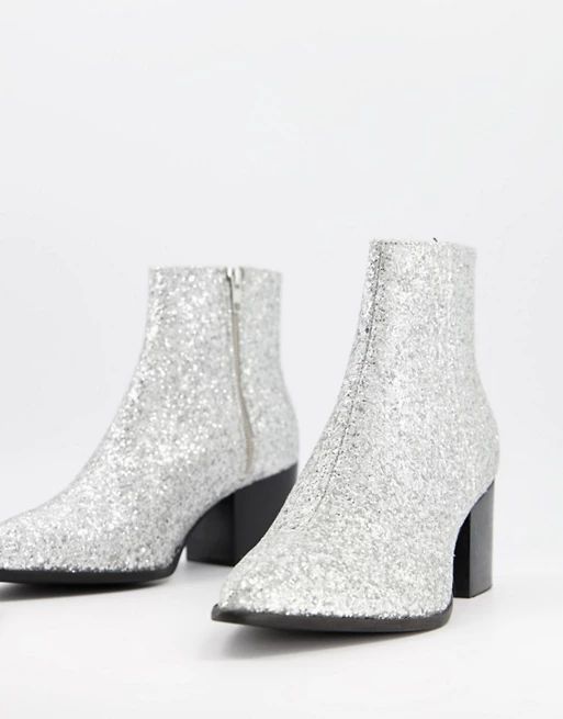 ASOS DESIGN heeled chelsea boots with pointed toe in silver glitter | ASOS (Global)