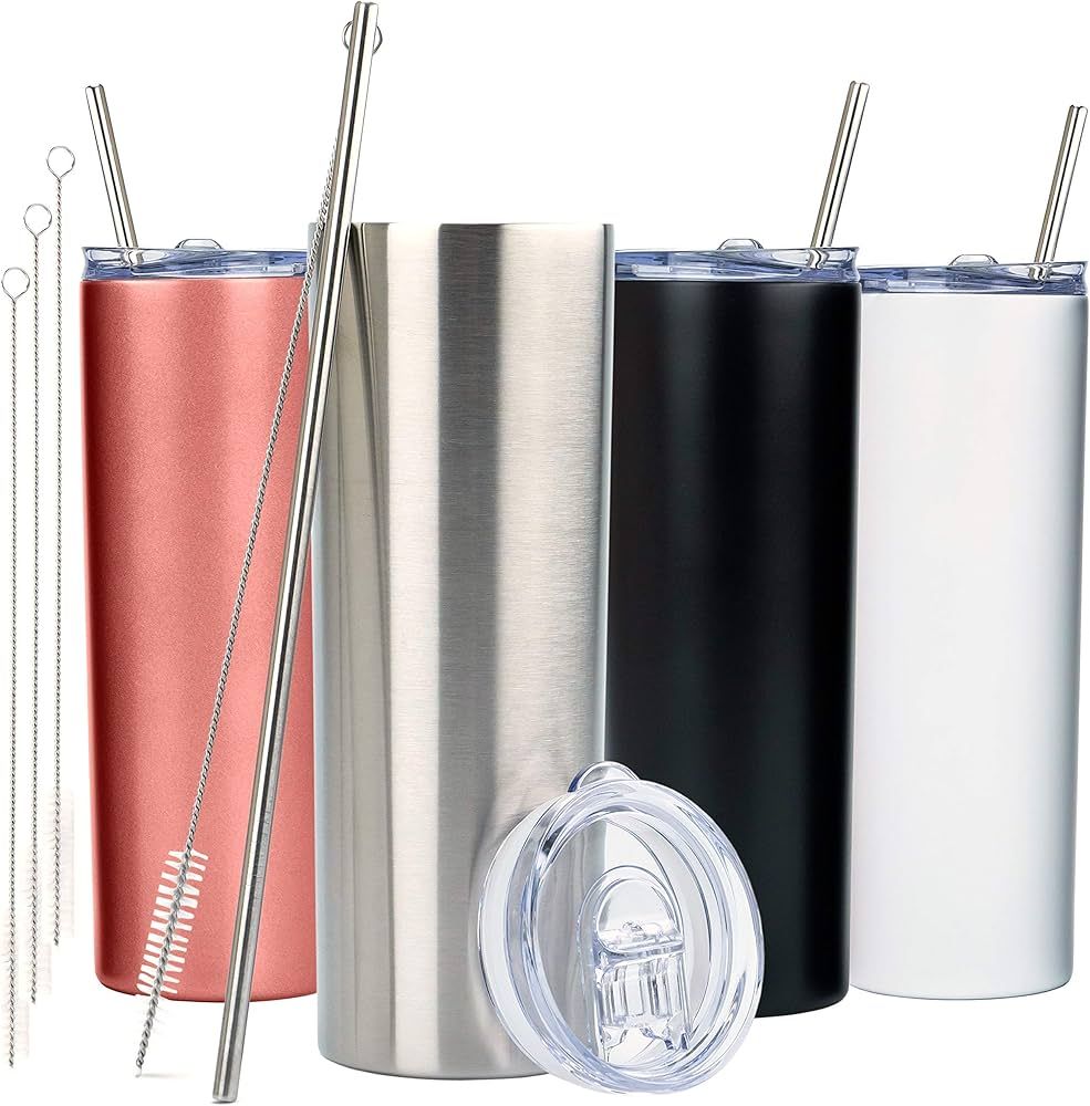 SKINNY TUMBLERS (4 pack) 20oz Stainless Steel Double Wall Insulated Tumblers with Lids and Straws... | Amazon (US)