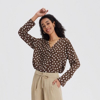 Women's Woven Blouse - A New Day™ Brown/White Polka Dots S | Target