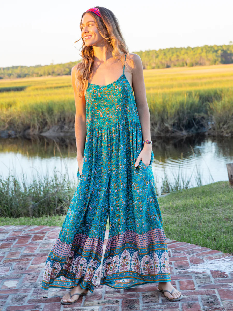 Zoe Wide-Leg Jumpsuit - Turquoise Cream Border | Natural Life