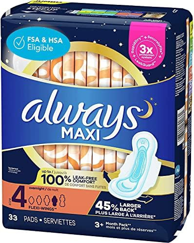 Always Maxi Pads Size 4 Overnight Absorbency Unscented with Wings, 33 Count | Amazon (US)