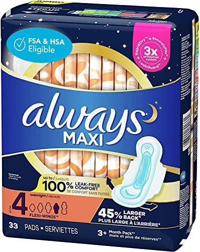 Always Maxi Pads Size 4 Overnight Absorbency Unscented with Wings, 33 Count | Amazon (US)