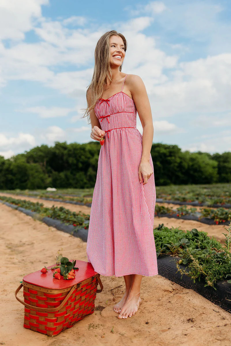 Sweet Escape Picnic Bow Midi Dress in Red | Worth Collective