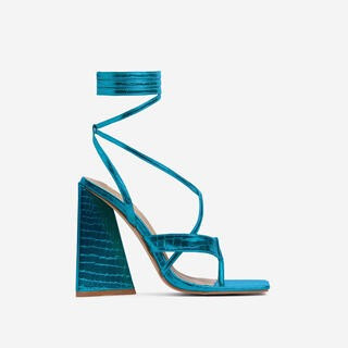 Salma Strappy Lace Up Square Toe Sculptured Flared Block Heel In Metallic Blue Croc Print Faux Le... | EGO Shoes (US & Canada)