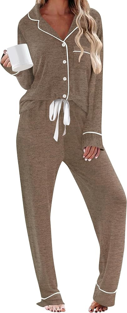 HNG Pajamas for Women Set 2 Piece Pj Set Long Sleeve Button Up Lounge Sets Sleepwear with Pockets... | Amazon (US)