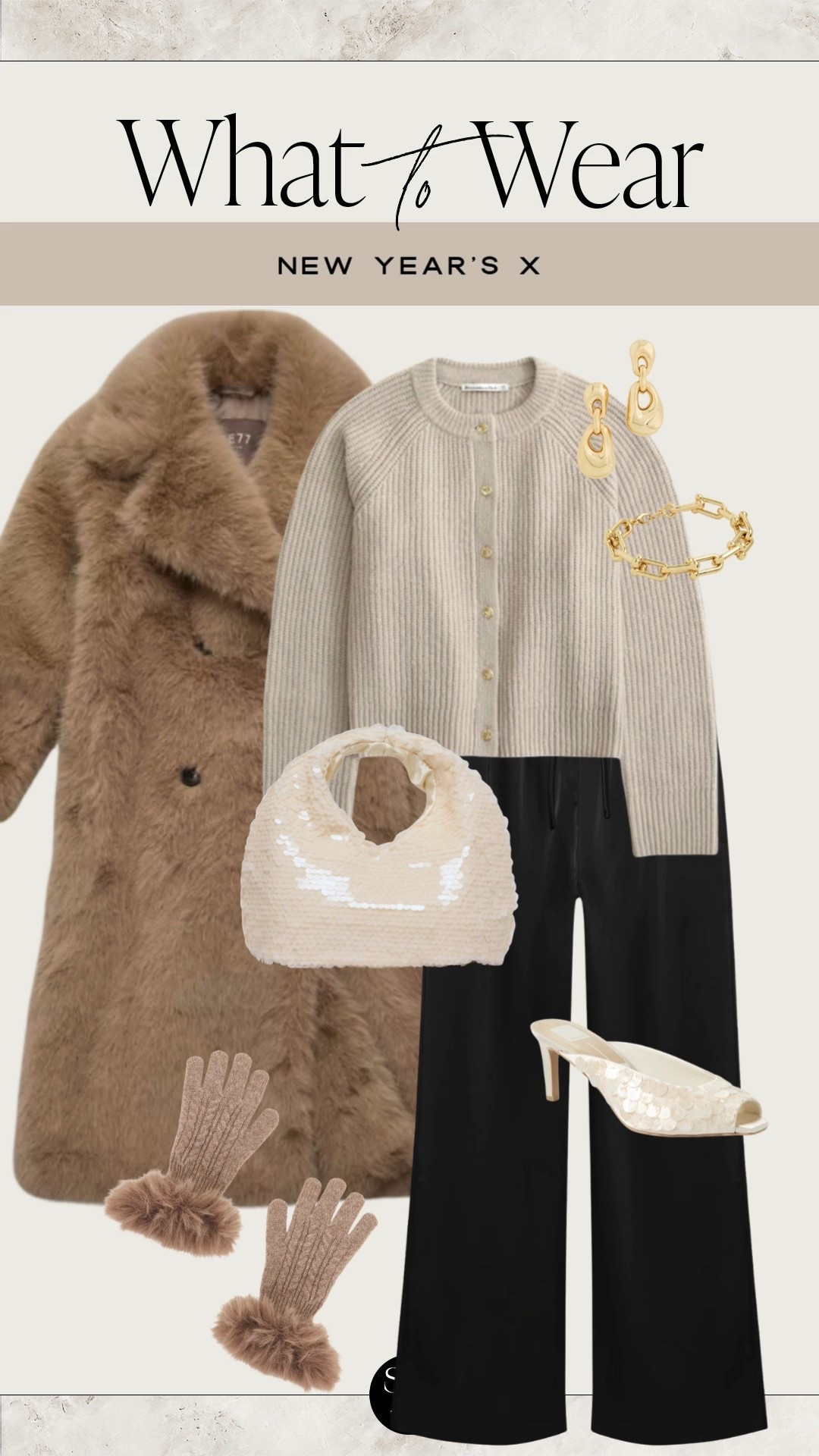 What to wear ✨ for New Year’s! Faux fur coat, button up knit cardigan, black aritzia lodge pants, sequin bag, gold accessories.

#LTKgrwm #LTKootd #LTKHoliday
