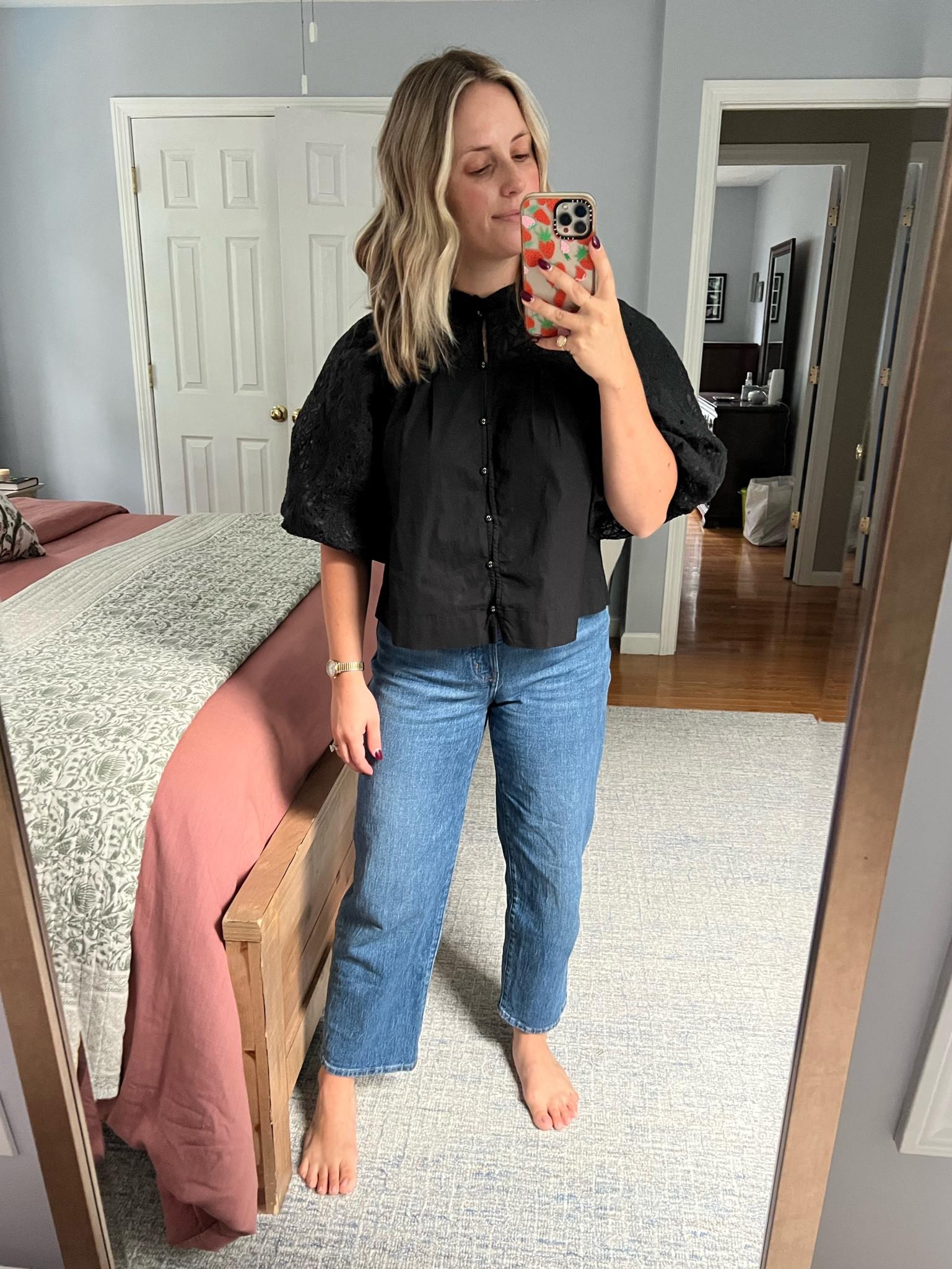 Anthropologie, puff sleeve top, button down top, straight leg jean, dark wash, black puff sleeve eyelet top, sale, 40% off, 20% off, teacher discount 

#LTKParties #LTKActive #LTKMidsize