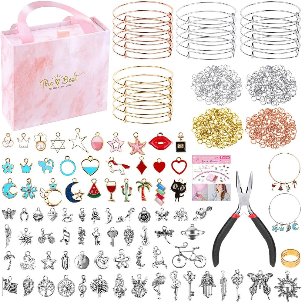 Thrilez 300Pcs Charm Bangle Bracelets Making Kit with Expandable Bangles, Charms, Jump Rings and ... | Amazon (US)