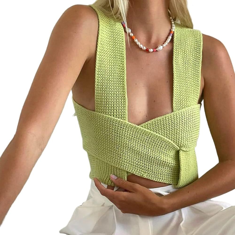 Women Y2K Knit Sweater Vest Solid Color Sweater DIY Sleeveless Crop Tank Top Vera Top Tunics Knit... | Amazon (US)