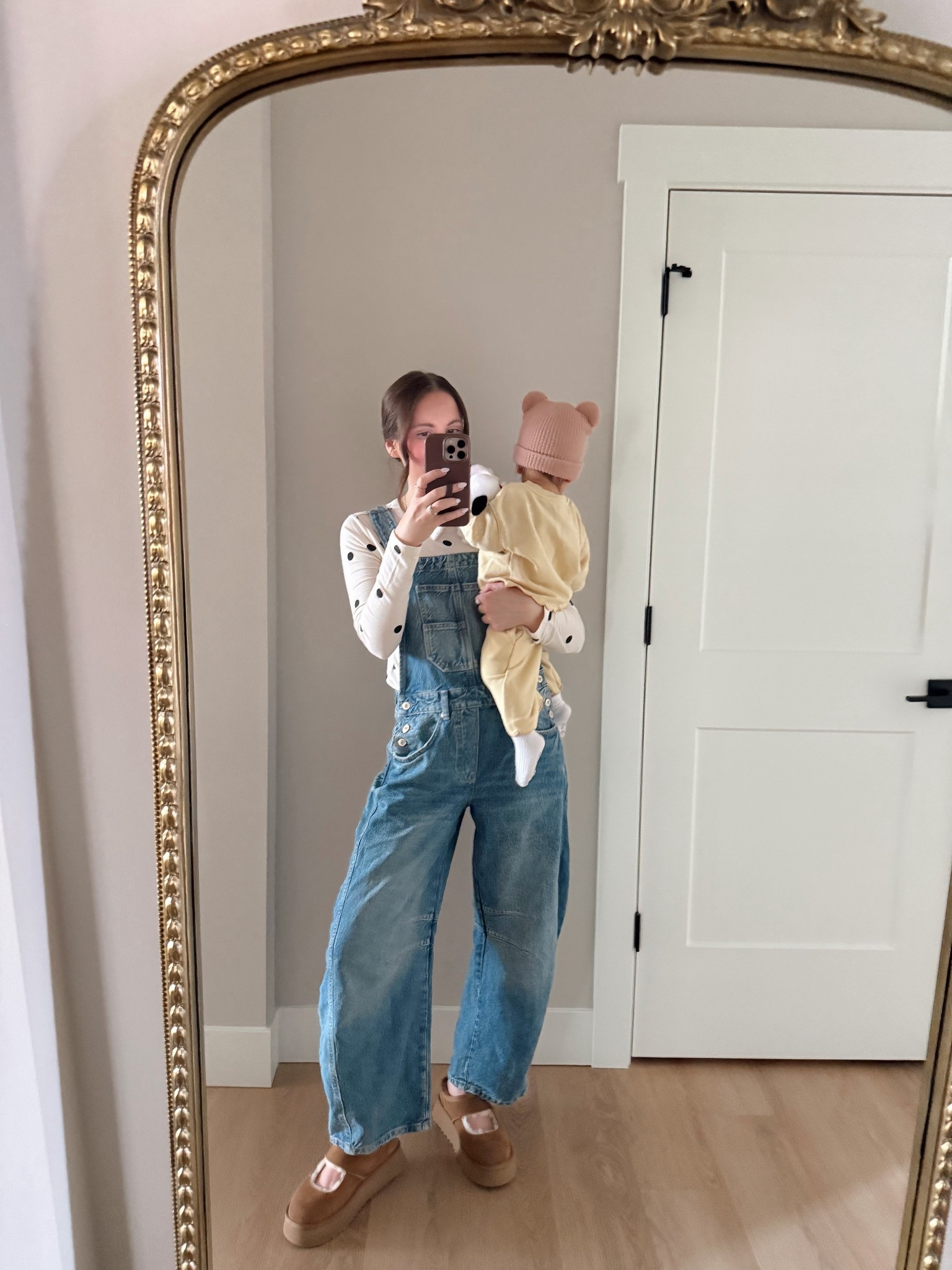 Overalls and a polka dot top 💗 wearing a xs long sleeve and xs overalls 

Mommy and me, polka dot, overalls, casual style, mom outfit, Uggs 

#LTKootd #LTKmomlife