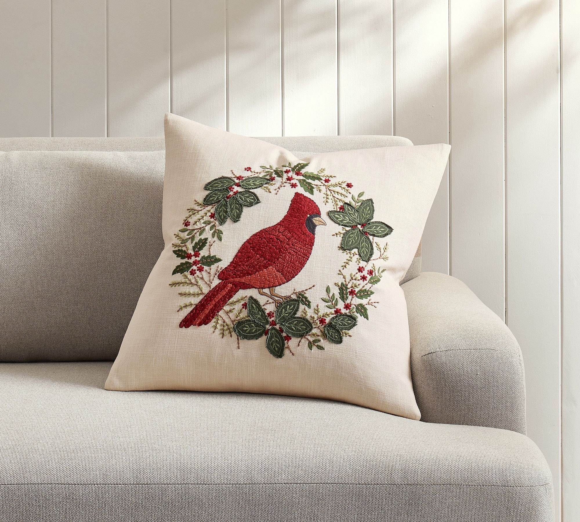 Cardinal Wreath Embroidered Pillow Cover | Pottery Barn (US)