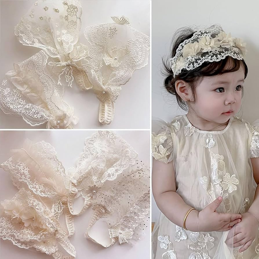 Baby Girls Headband Lacy Bow Pearl Wide Hair Band Turban for Infants Newborn Toddler Floral Ivory... | Amazon (US)