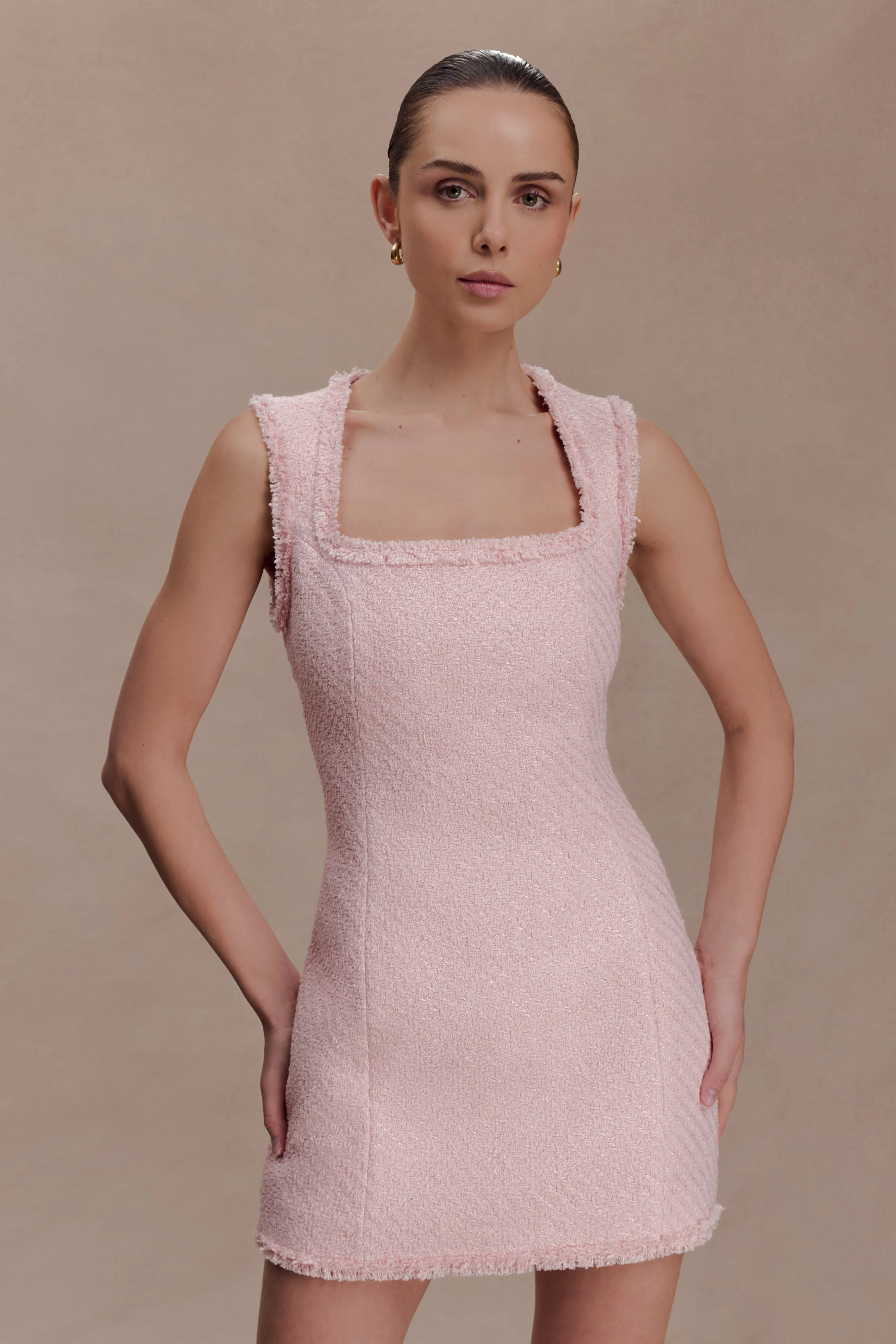 Tweed Sleeveless Mini Dress - Baby Pink | MESHKI US