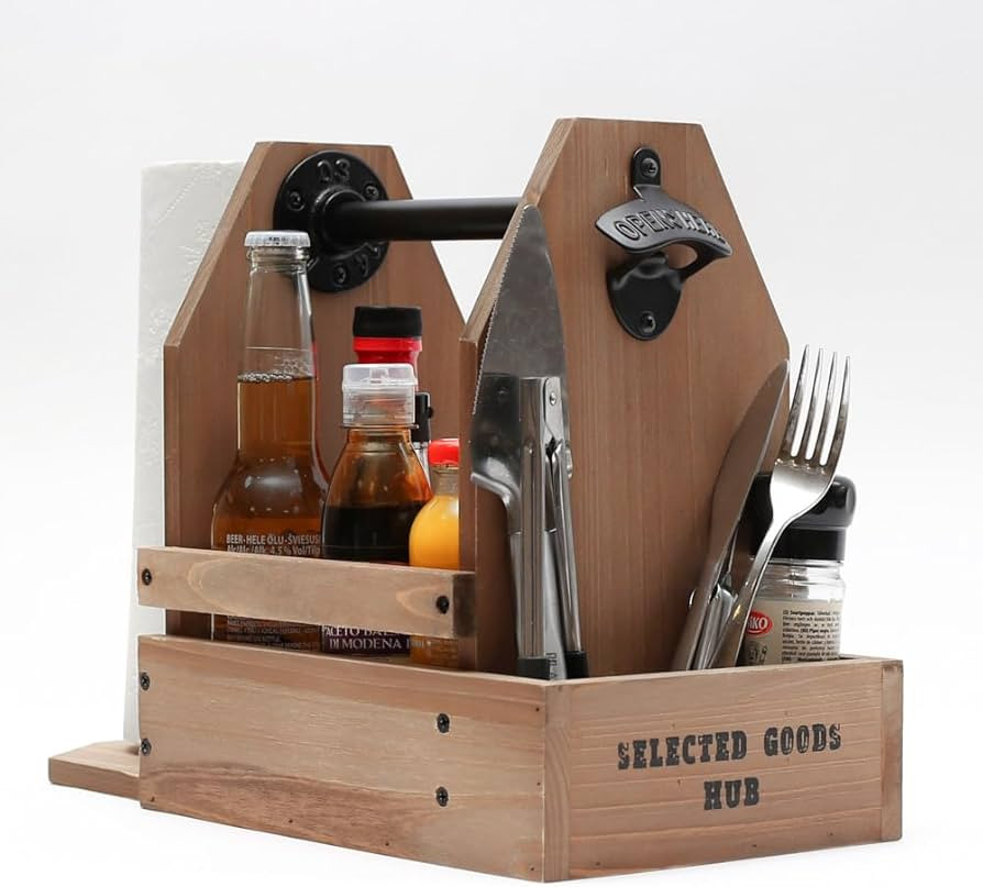 Wooden Grill Caddy Organizer - Versatile BBQ Caddy for Outdoor grill - Portable rustic wood condi... | Amazon (US)