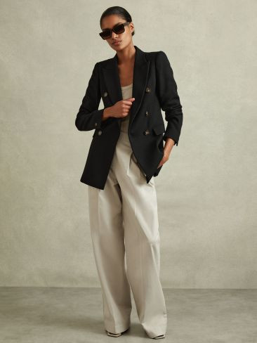 Petite Tailored Textured Wool Blend Double Breasted Blazer in Black | Reiss UK