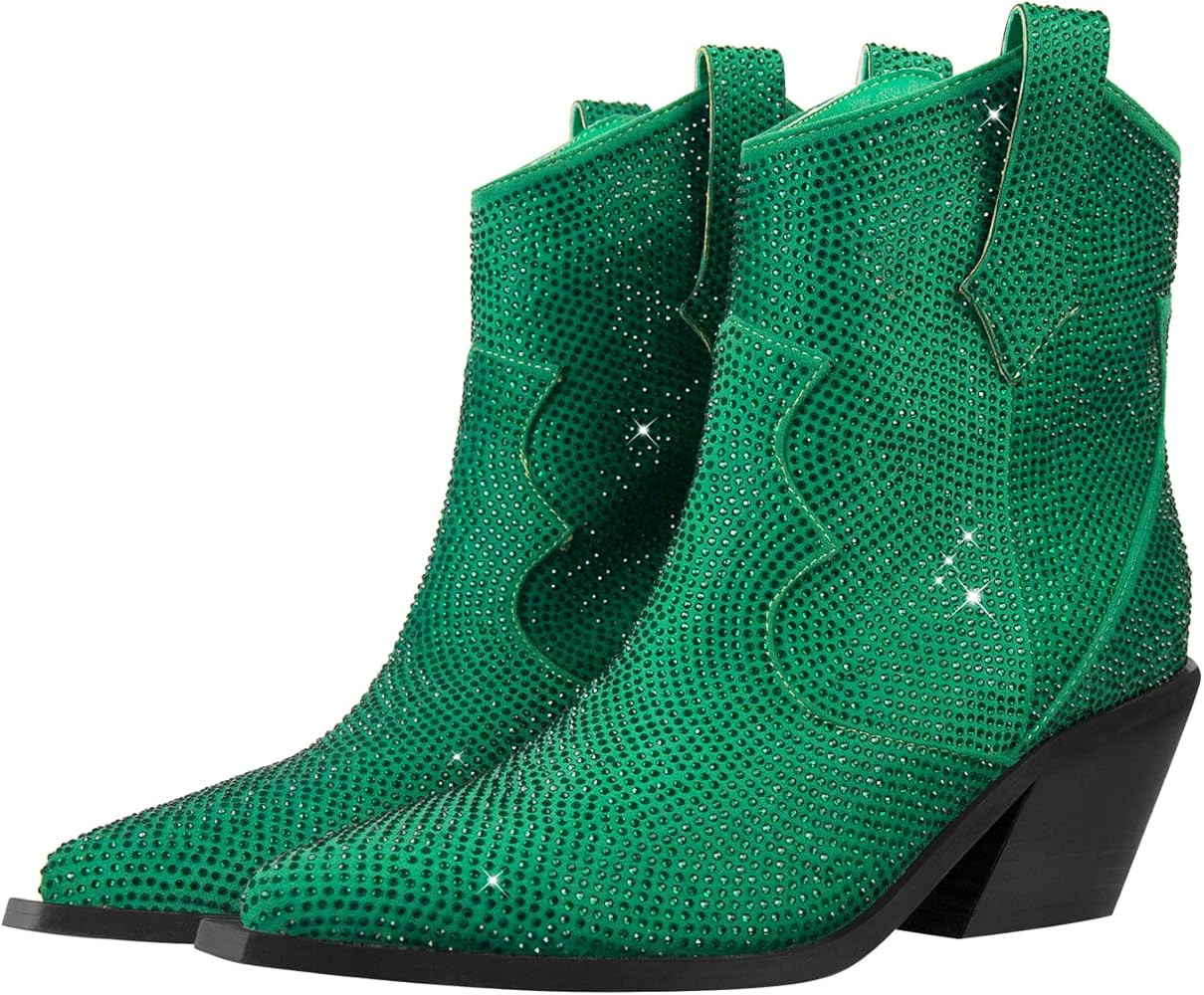 onlymaker Women's Rhinestone Cowboy Ankle Booties Pointed Toe Studded Pull On Chunky Stacked Heel... | Amazon (US)