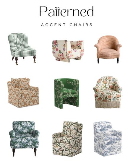 Patterned accent chairs in green, blue, red, and white. Florals, stripes and traditional patterns. 

#LTKhome