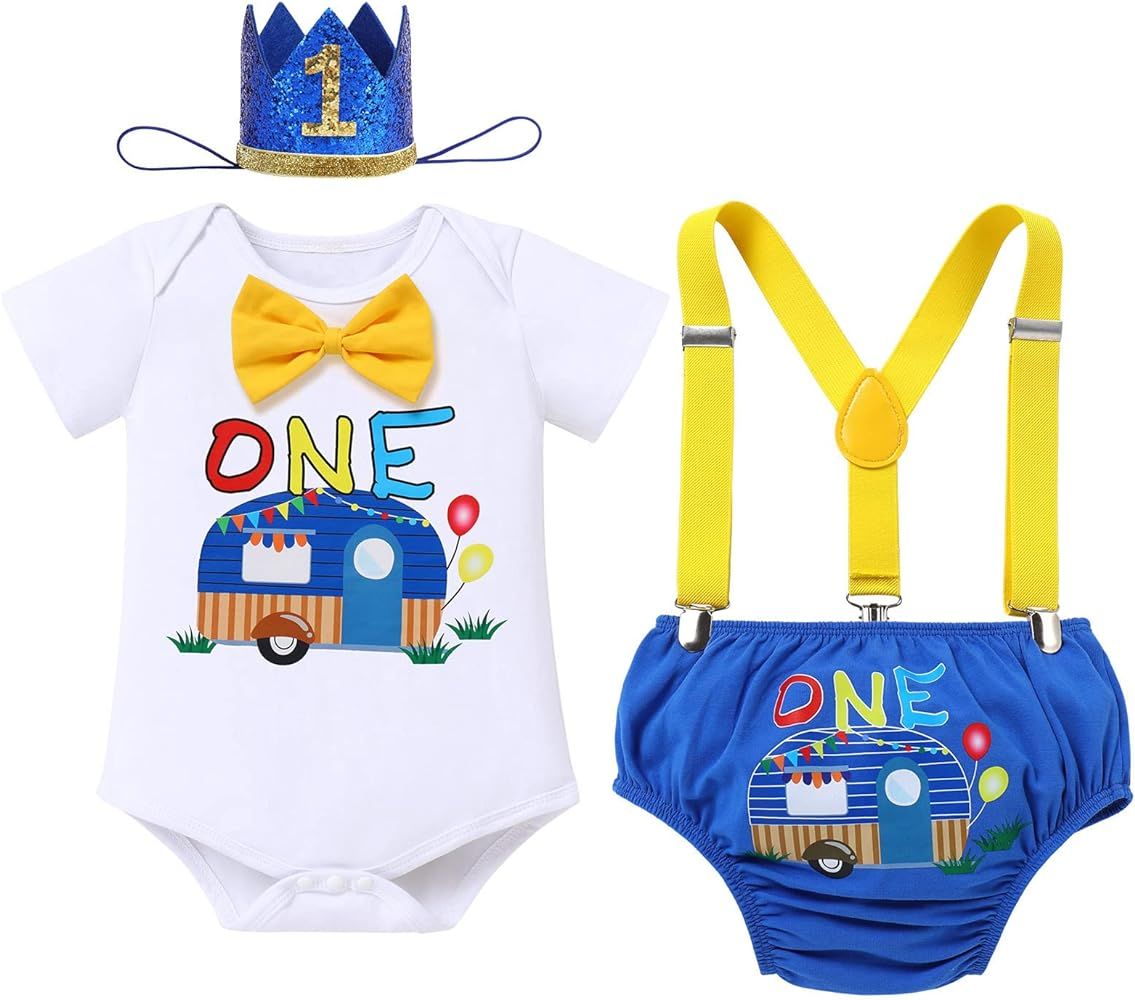 Camping Outdoor Themed 1st Birthday Outfit for Baby Boys Cake Smash One Happy Camper Bowtie Bodysuit | Amazon (US)