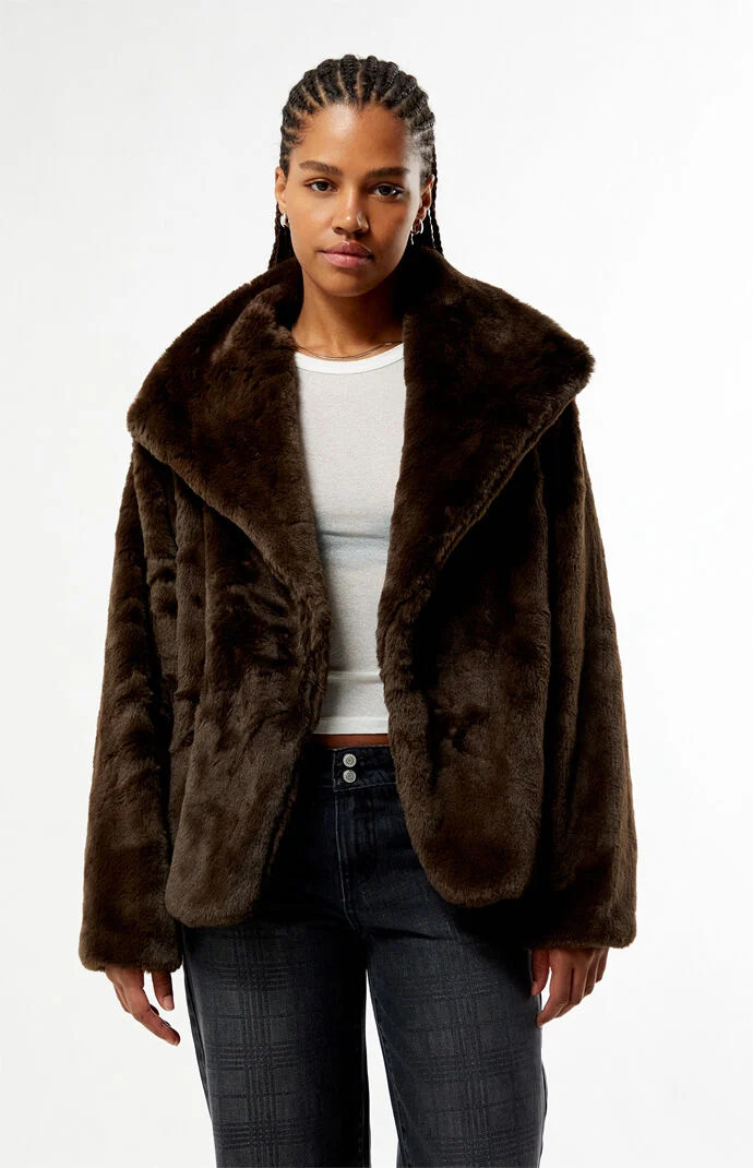 MINKPINK Women's Sigrid Faux Fur Coat in Brown - Size Small | PacSun
