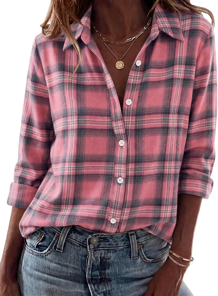 Zeagoo Flannel Shirt Women Long Sleeve Plaid Button Down Fall Work Blouses | Amazon (US)