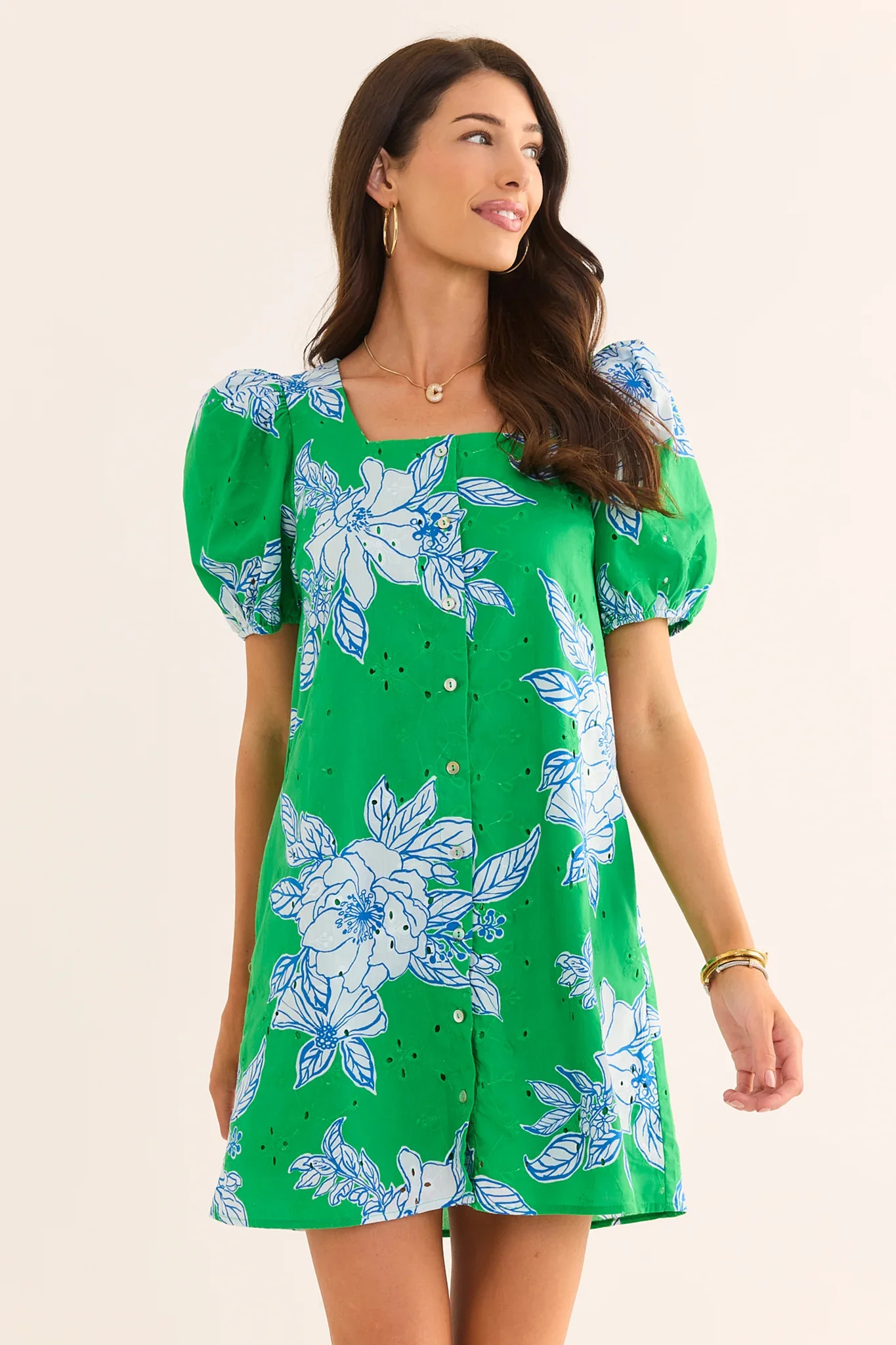 Green Eyelet Floral Short Dress | Avara