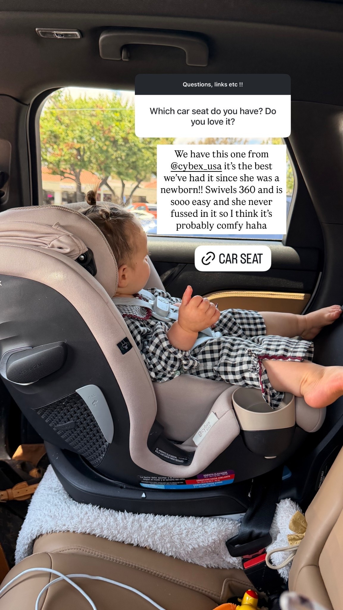 We have this one from @cybex_usa it’s the best we’ve had it since she was a newborn!! Swivels 360 and is sooo easy and she never fussed in it so I think it’s probably comfy haha