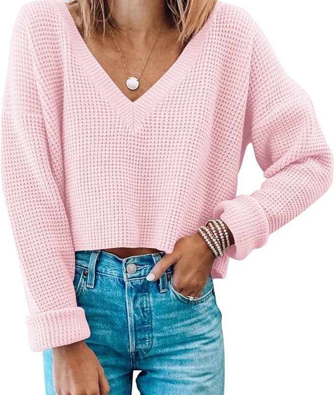 Amazon.com: Womens V Neck Long Sleeve Tops Crop Waffle Knit Crepped Casual Loose Pullover Crop Sw... | Amazon (US)